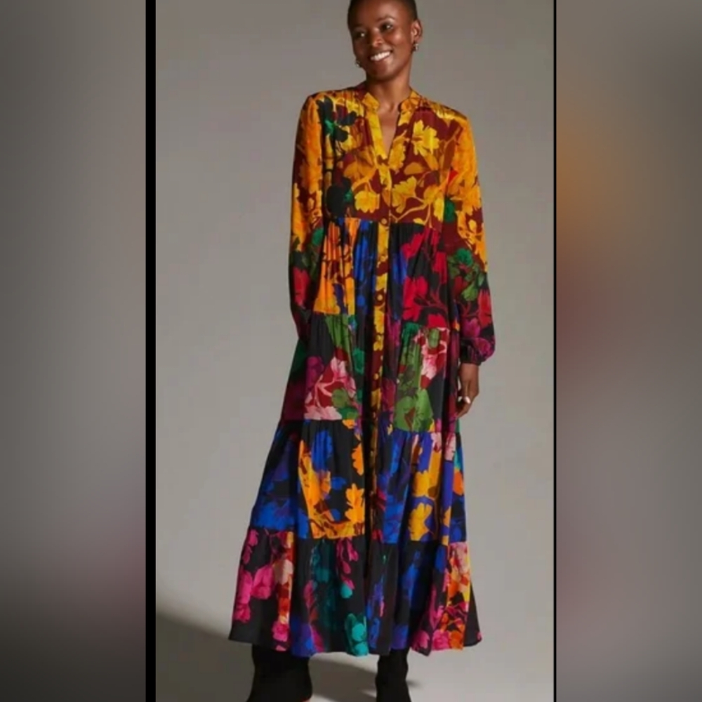 Anthropologie Vibrant Long Sleeve Maxi Dress
